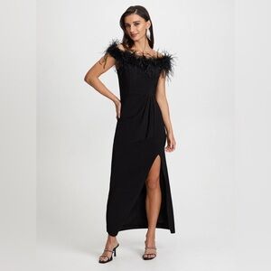 Feather Trim off the shoulder dress